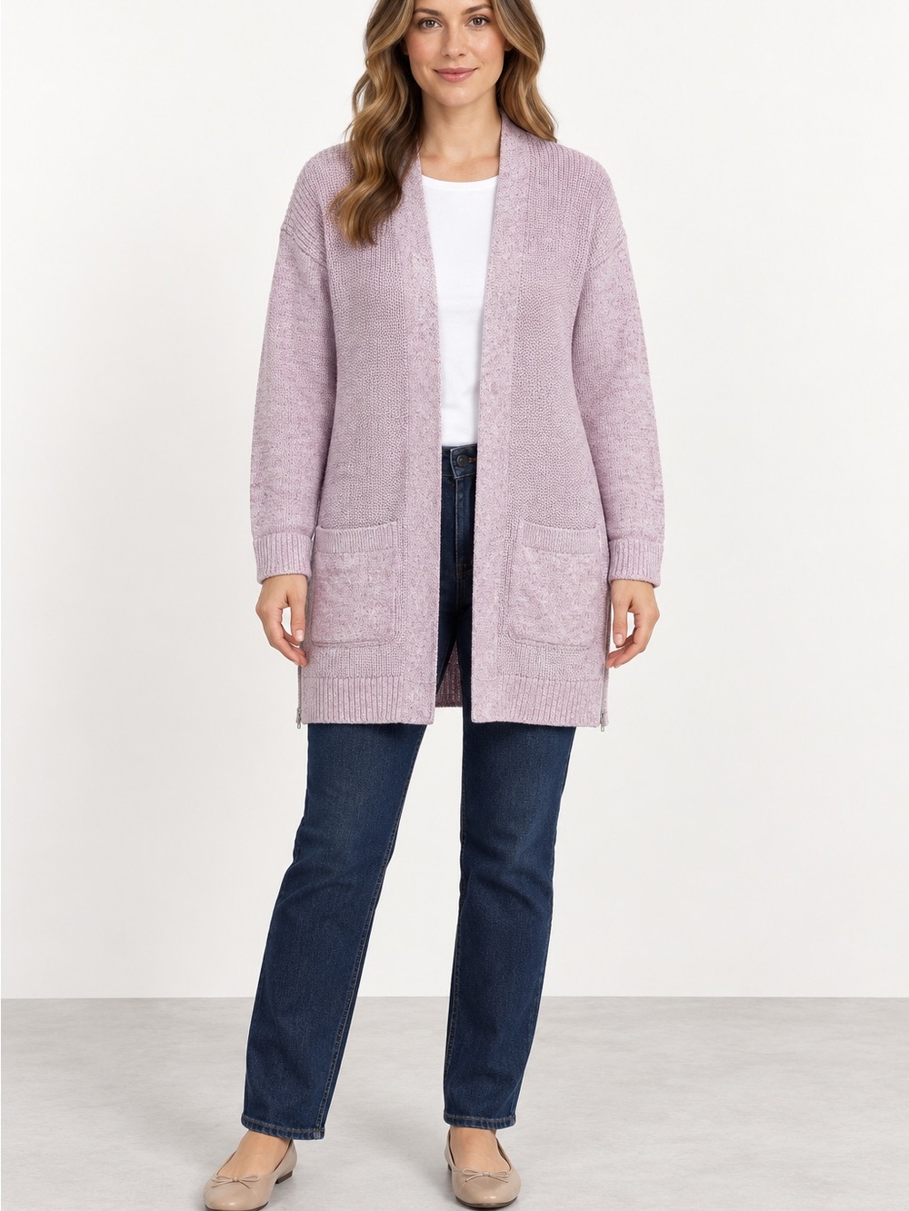 T by Talbots Pink Marled Cotton Longline Cardigan Sweater M. EUC